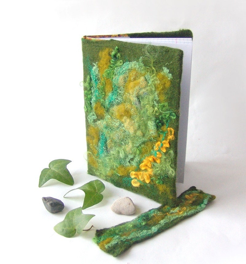 Felted journal notebook cover  Green moss autumn fall  gift under 25