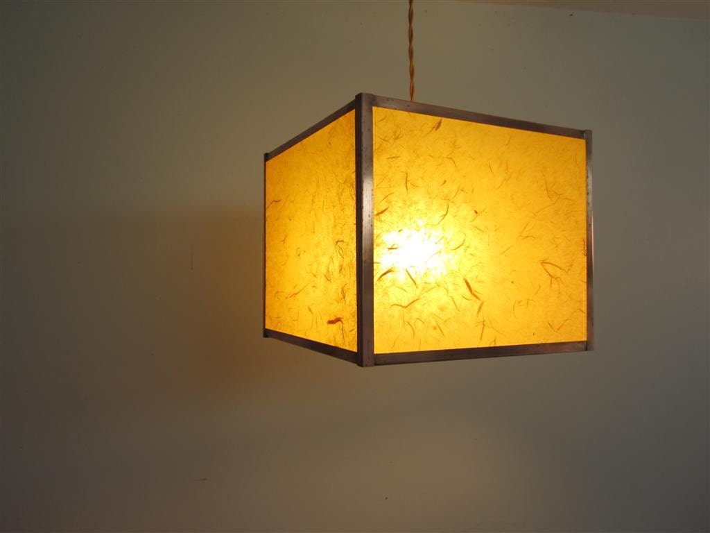 Pendant Lighting - Modern Copper and Paper Lantern - Cube Geometric Shape In An Array of Colors - Shown in Pumpkin Orange