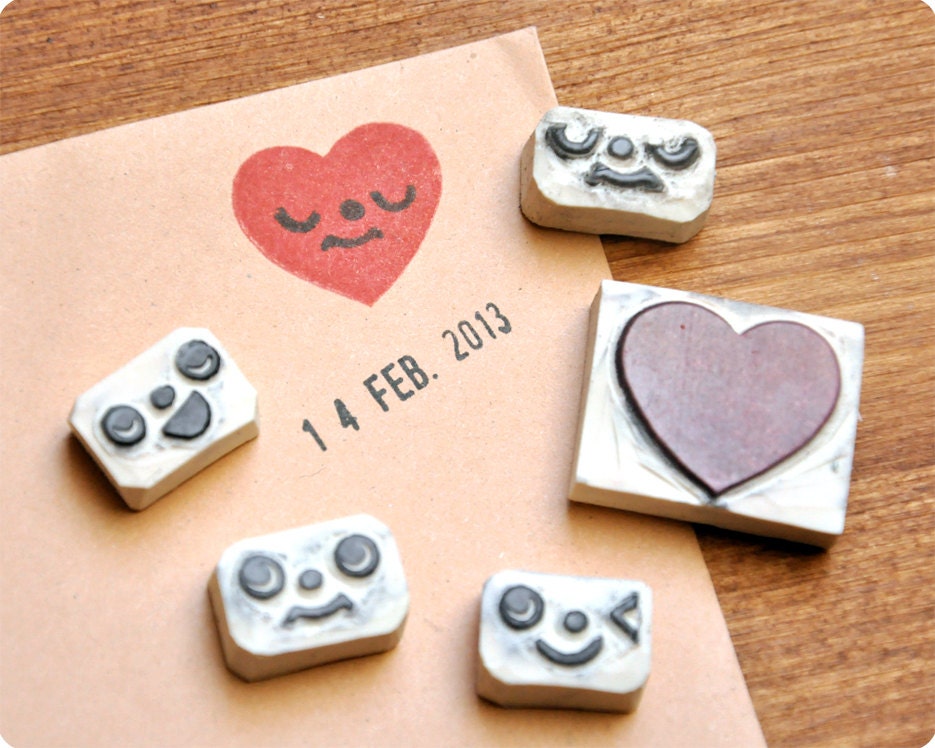 Hand carved Romantic heart face change rubber stamps set of 5