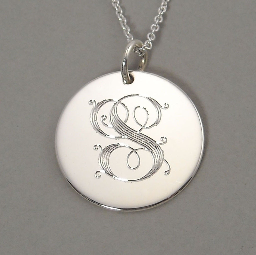 Personalized sterling silver S initial pendant necklace hand engraved fancy script letter monogram 3/4 inch round circle charm- U5LFS