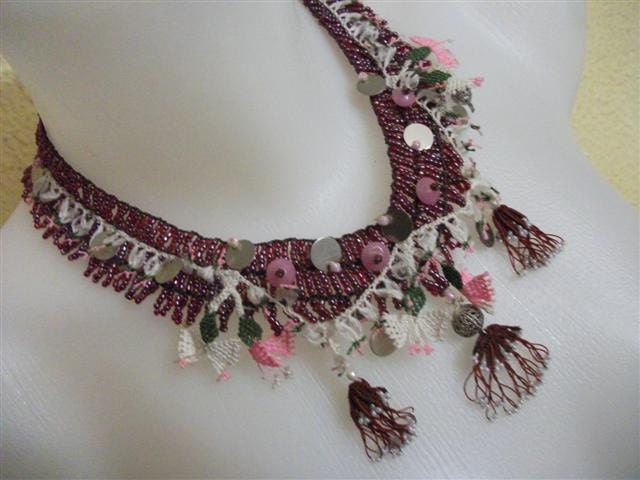 Burgundy Beadwork and Turkish Lace (Oya) Necklace