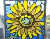 Mosaic ,Yellow Flower on blue back ground-  Stained Glass SunCatcher or wall Decoration