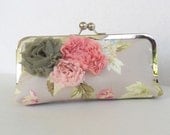 Bridal clutch, pink ivory green wedding purse, pink bridesmaids shabby chic clutch
