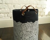 Large Indigo Hamper hand block printed with leather handles in Burrows