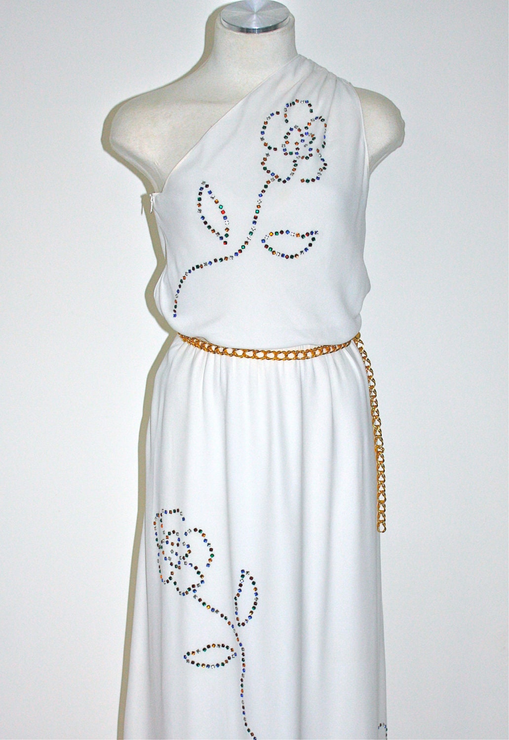 Vintage GIVENCHY NOUVELLE Gown One Shoulder Floral Rhinestone Formal Dress