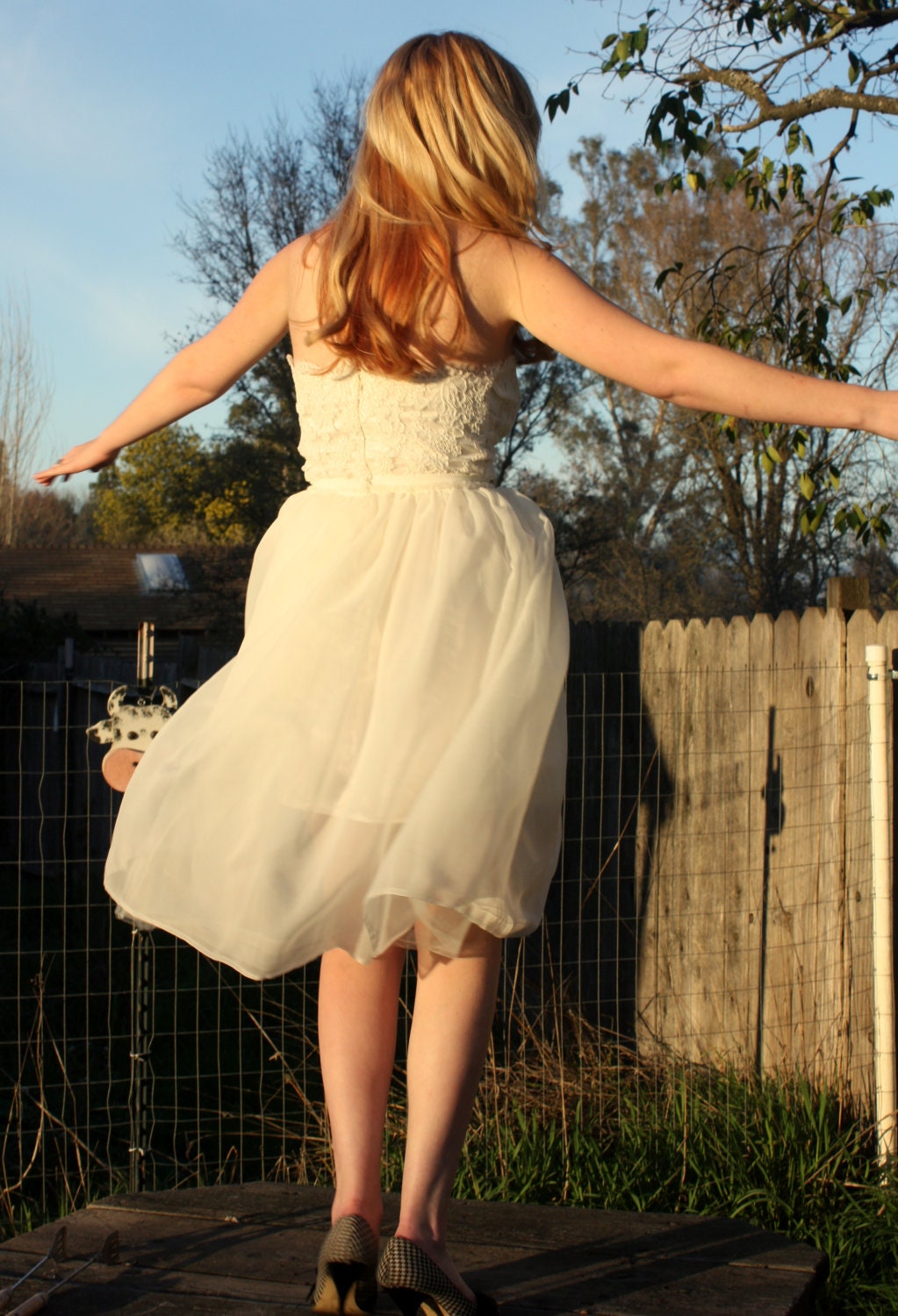 Silk Chiffon and Lace Short Strapless Wedding Dress with Detachable Second Skirt