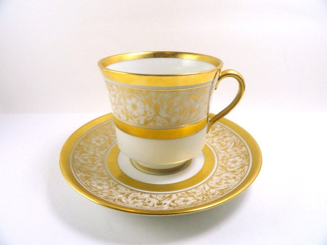 Vintage Teacup and Saucer, Gold Filigree on White, Germany, Vintage Dishes - MemoriesofYesterday