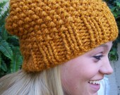 Knit Slouchy Hat, Chunky Knit Hat in  Mustard Gold, Butterscotch