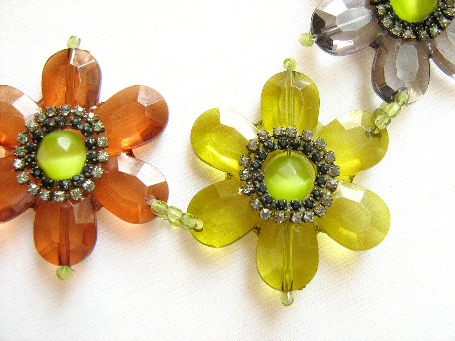 SUMMER SALE Flower Statement Necklace, Green, Amber Brown, Grey - Handmade Beaded Necklace