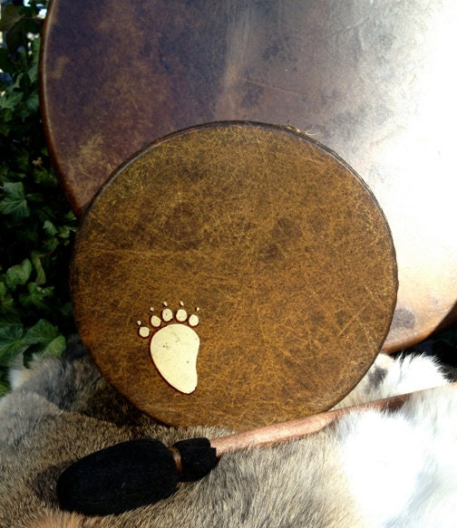 Native American style frame drum with custom totem and symbology artwork - "Baby Bear Spirit"
