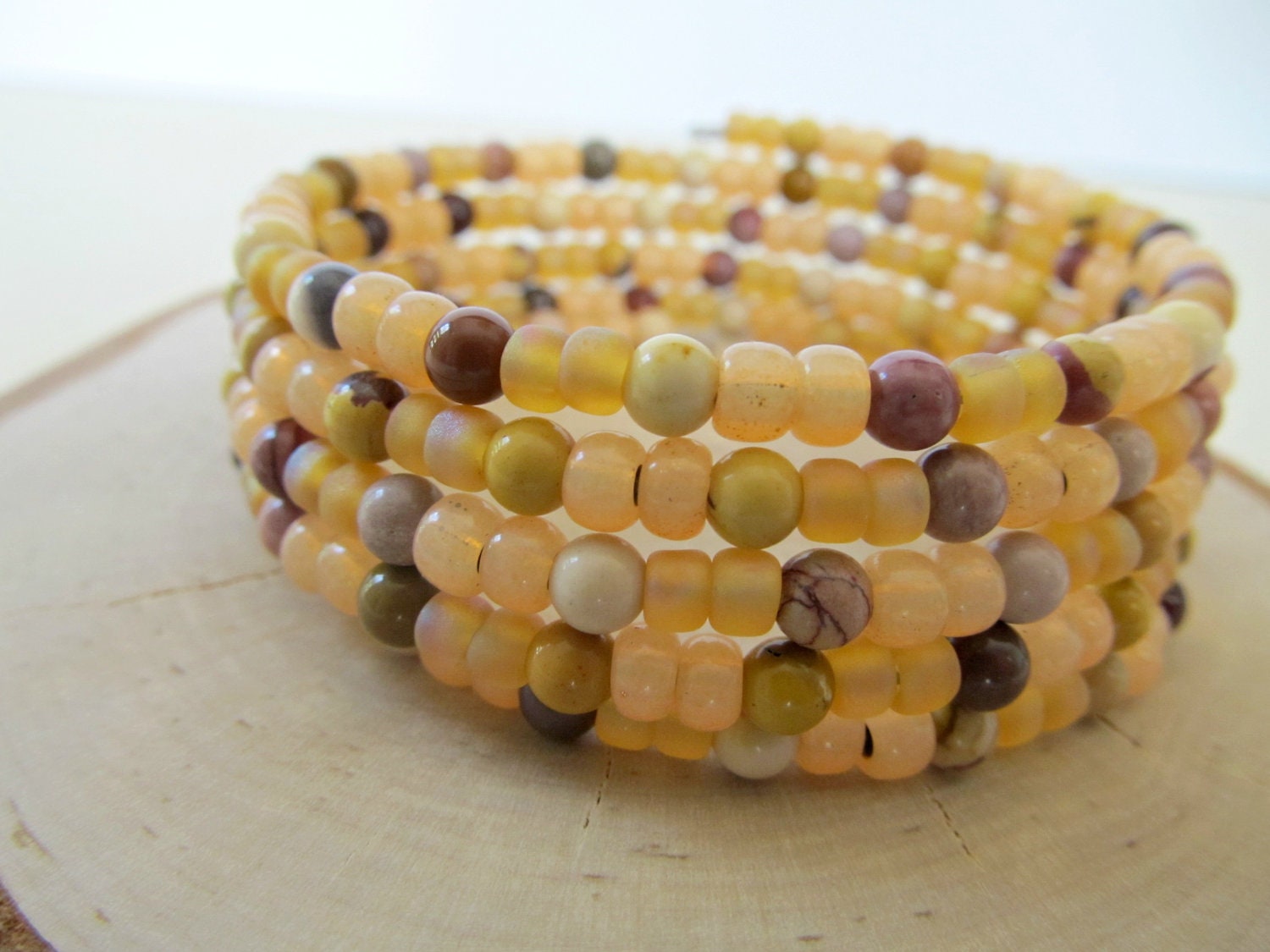 Beaded memory wire bracelet, coil bracelet with mookaite and apricot seed beads