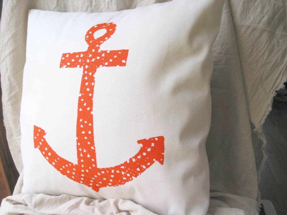 Bright Orange Anchor Pillow Cover Cotton Canvas 18 Inch Washable