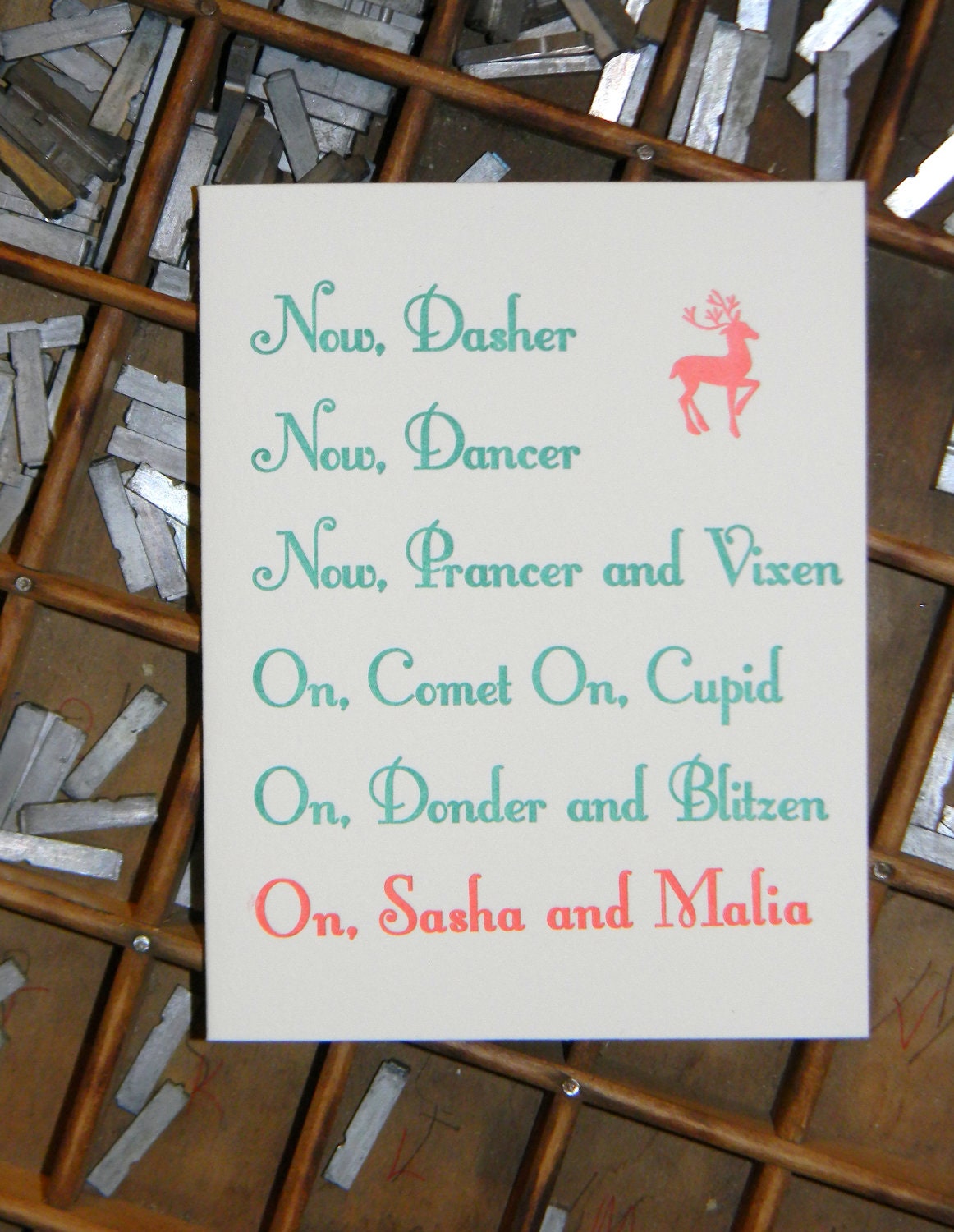 CLEARANCE SALE Festive Sasha and Malia Letterpress Holiday Card Trio - Set of 5 cards