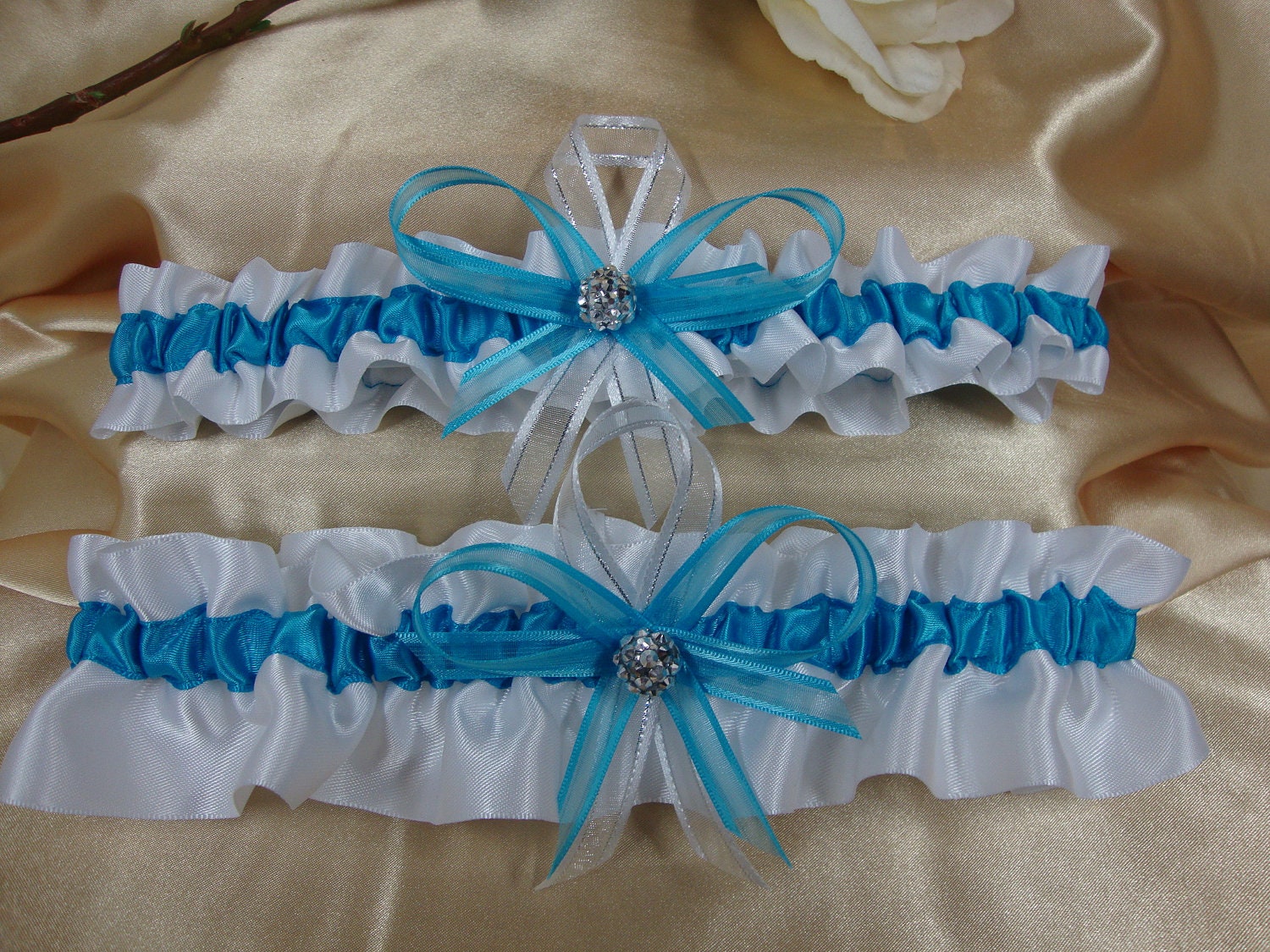 White Satin and Blue Wedding Garter Set with Rhinestone Deco