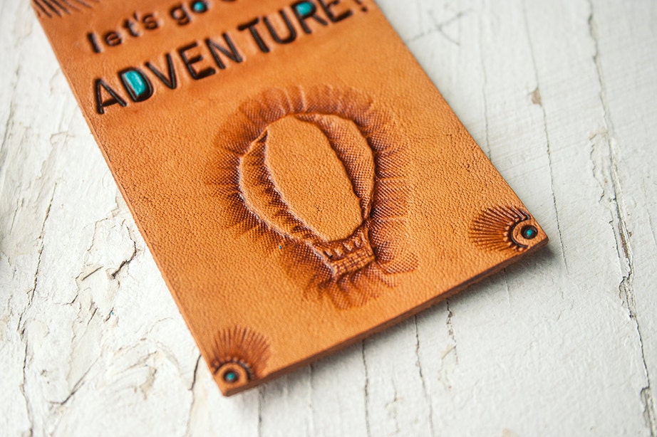 Lets go on an adventure - Hot Air Balloon - Leather Luggage Tag - Hand tooled, stamped, stained and painted