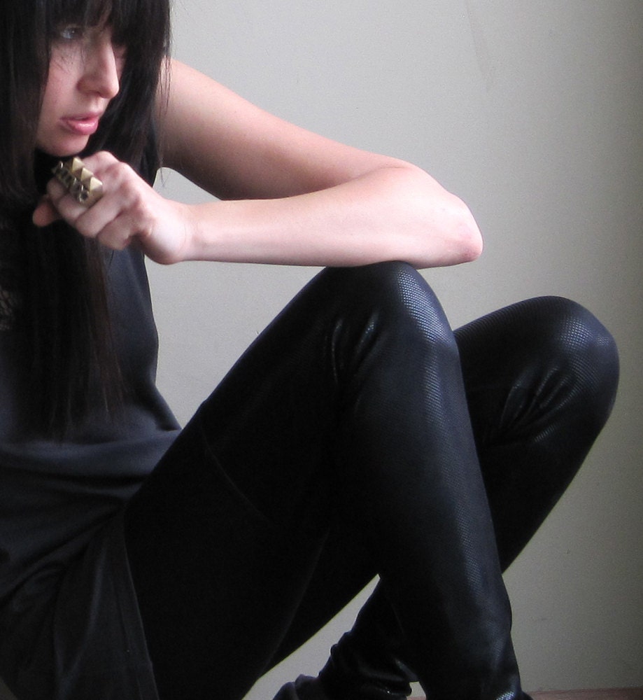 Cosmic midnight black leggings - shiny faux thigh hi style with metallic spandex - small