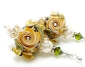 Floral Lampwork Earrings, Flower Earrings, Glass Flower Earrings, Glass Bead Earrings, Ivory Olive Butternut Earrings, Beadwork Earrings