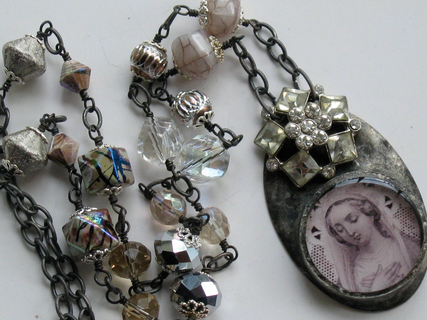 French Holy Card Necklace Vintage Rhinestone Button Soldered Pendant