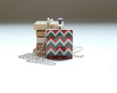 Red Green & White Chevron Stripes Scrabble Tile Pendant With Silver Ball Chain Necklace (S4)