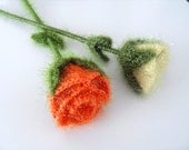 Crochet Roses, Set of 2 Orange And Yellow Roses, Home Decor, Green Leaves, Crochet Flowers,Floral Home