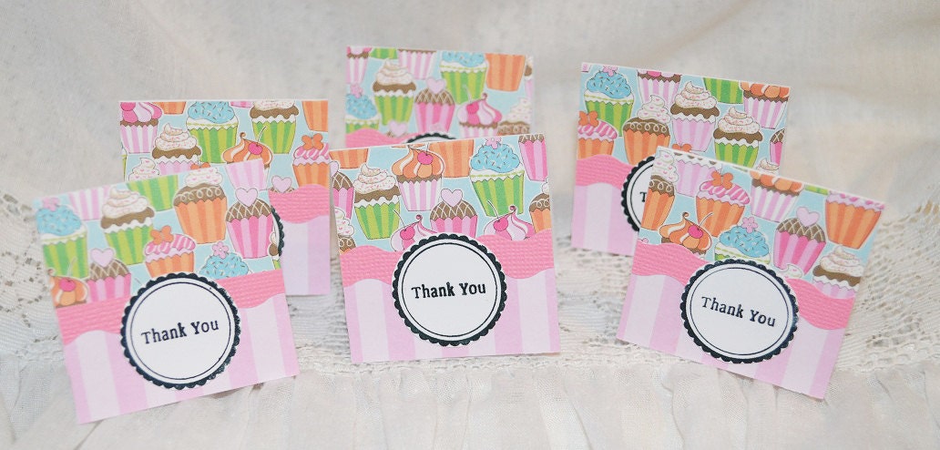 Mini Thank You Cards with Cupcakes and Pink Stripes Set of 20