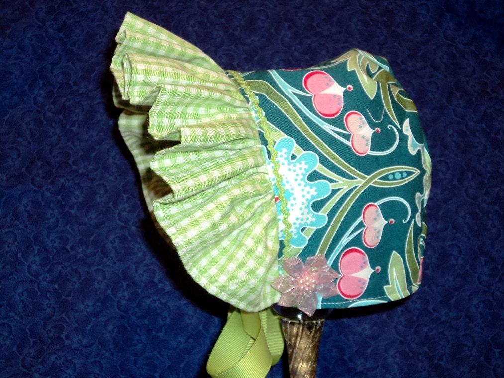 Teal Baby Sun Bonnet with Pink and Green