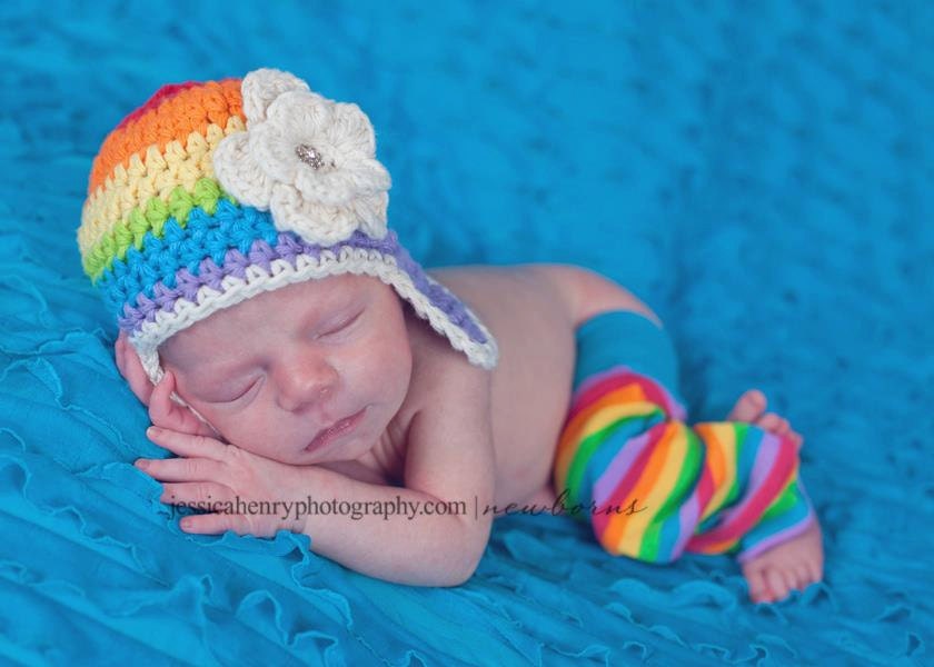 Baby Girl Rainbow Beanie Hat with Ear Flaps  - Red, Orange, Yellow, Green, Blue, Purople, and Almond Flower Ear Flap Hat with Jewel Button