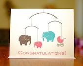Elephant Family Mobile - Modern New Baby Congratulations Card for Baby Girl