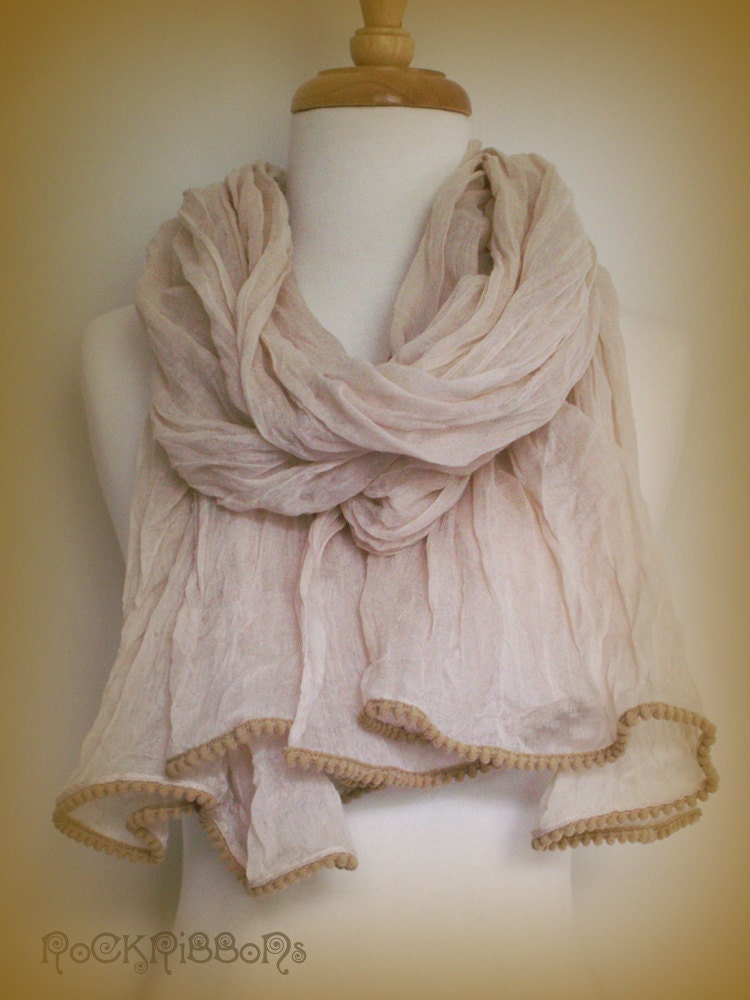 Long latté scarf - muslin cotton in pale coffee - pom pom trim - large wrap - head cover - neck warmer - cotton scarf - shoulder wrap.