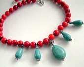 Coral Necklace, Turquoise, Gemstone Jewelry, Red Coral, Sterling Silver, Fashion Jewelry, Handmade Jewelry, Southwestern
