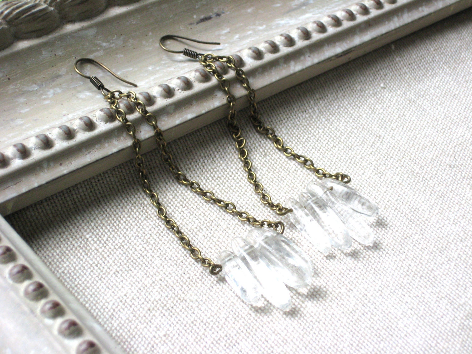 Long Quartz Point Earrings in Antique Brass