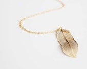 Long Feather Necklace - Gold - Flowing Feather - 30 inch