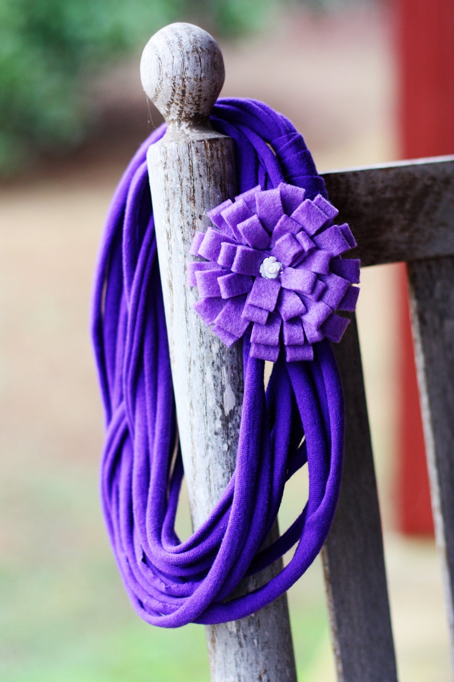Infinity Scarf Necklace with Felt Rosette Brooch - Dark Purple with Lavender Rosette White Center