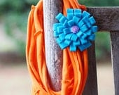 Infinity Scarf Necklace with Felt Rosette Brooch - Bright Orange with Turquoise Rosette Lavender center