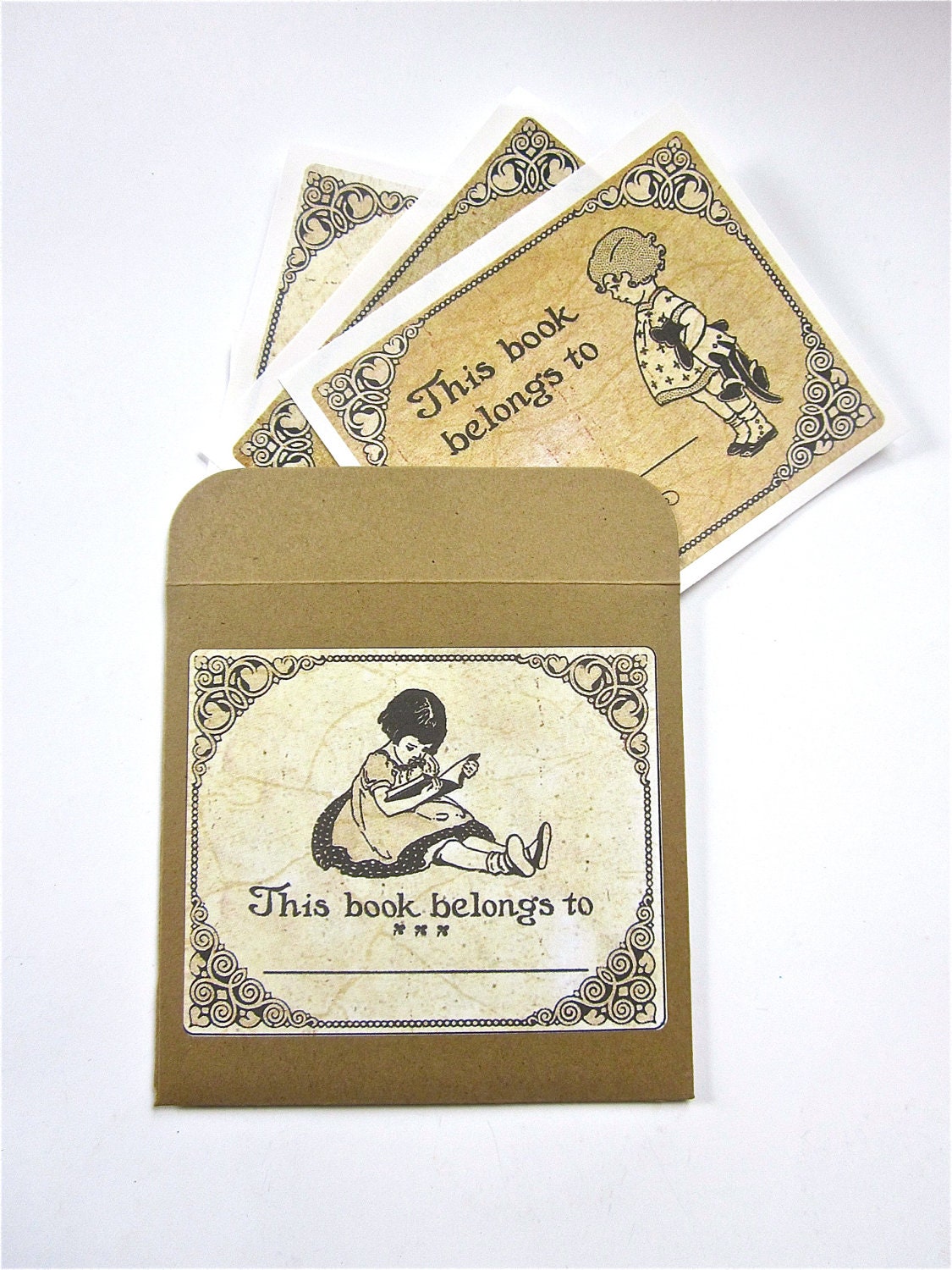Bookplates Little Girls Reading Set of 12 Sticker Vintage-inspired Book Plates