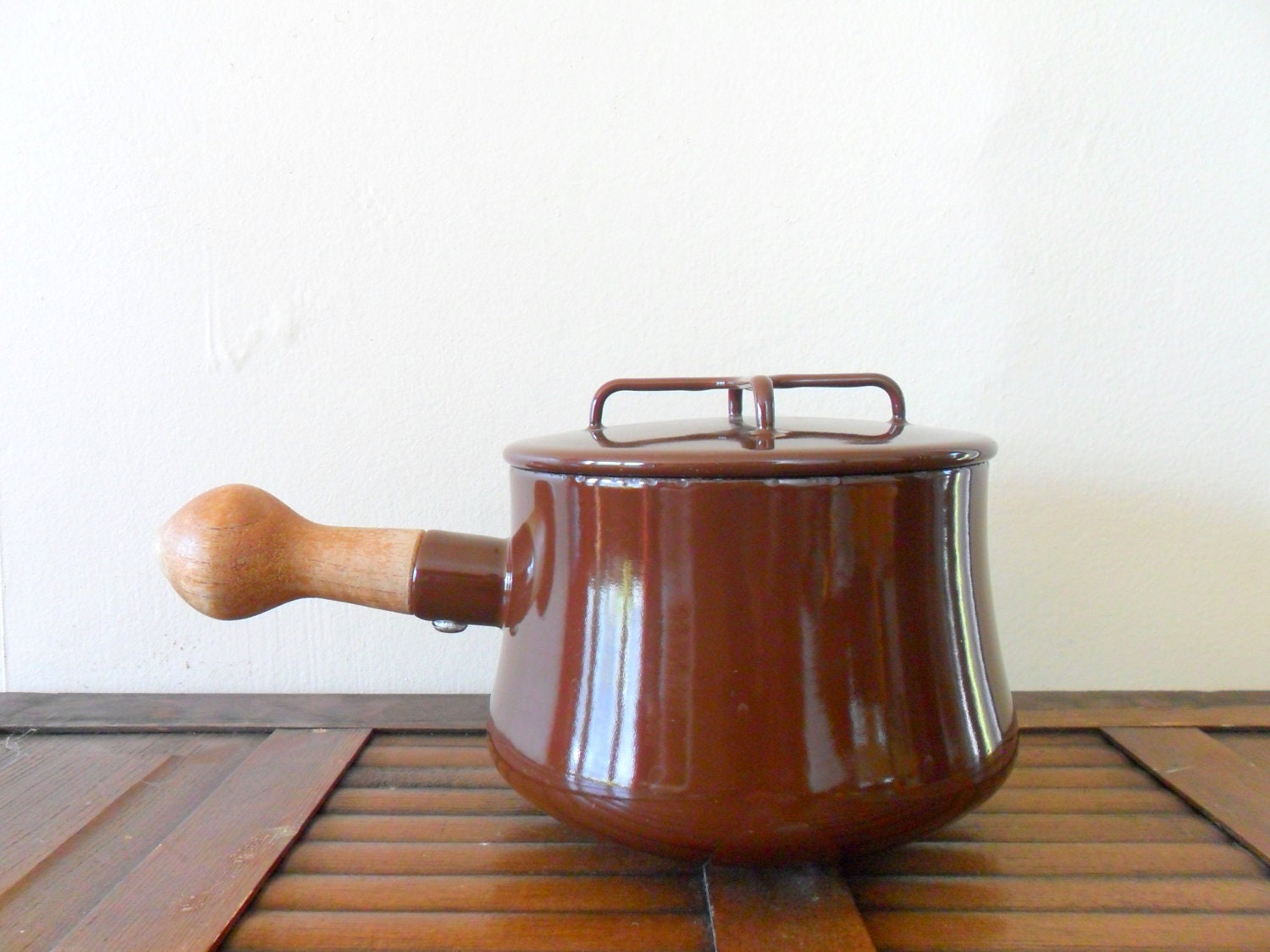 vintage 60s brown enamel dansk kobenstyle sauce pan - MOD - danish modern - autumn colors