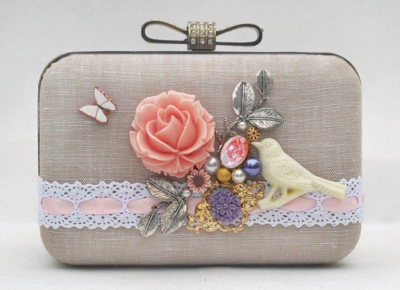 Flower Bird Fairy Clutch Chain Bag Pink Beige White Khaki Cotton Linen Butterfly Wedding Brides Bridemaids Prom Handbag Bridal Dressing Case