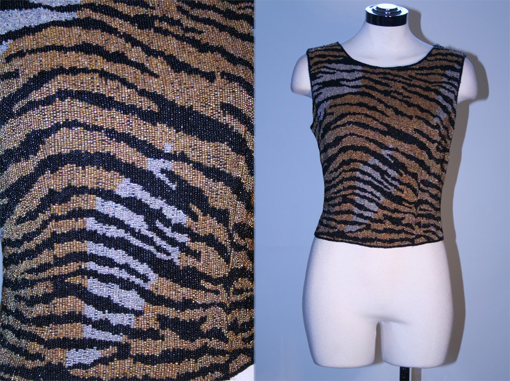 Amazing Beaded Vintage Animal Print Tiger Top