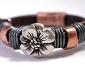 Mixed Metal Leather Bracelet Flower Bangle Gift For Her Amy Fine Design