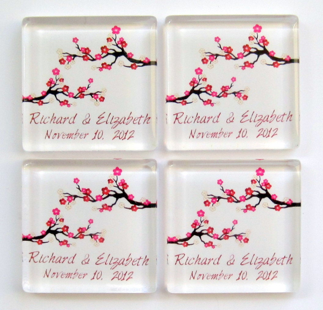 Cherry Blossom Wedding Favors - Wedding Favor Magnets - 50 Personalized Favors - 1 3/8 Inch Glass Squares - Personalized