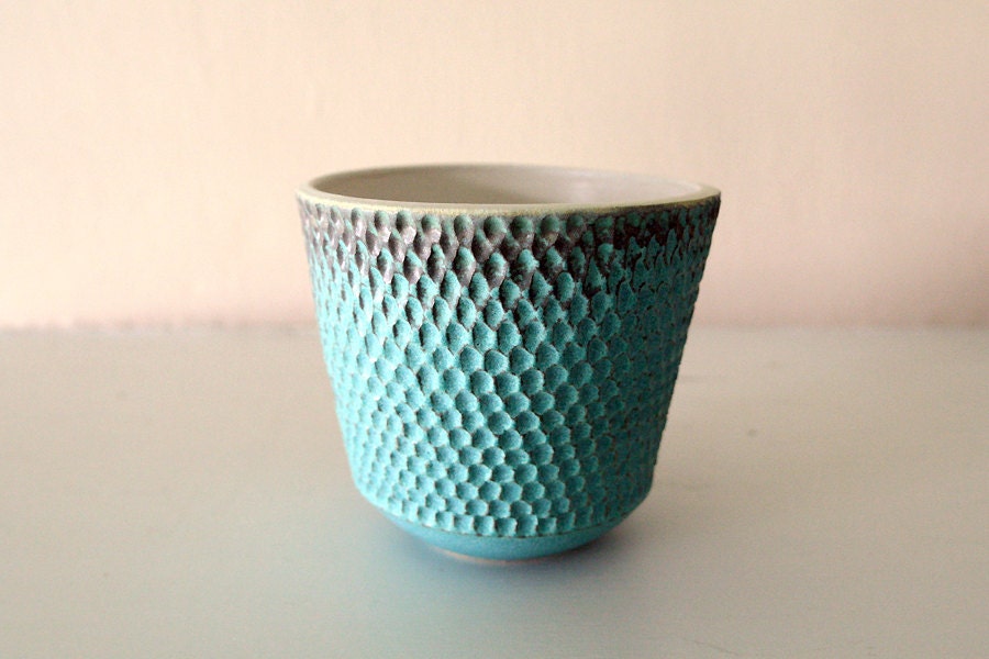 Turquoise Stoneware Vessel Carved with Intricate Texture / Hand Thrown and Carved Art Piece / "SISALIK"