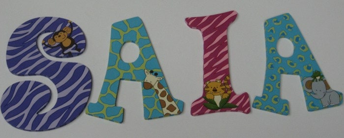 NoJo Jungle Babies Decorative Hand Painted Wall Letters With Monkey, Giraffe, Elephant and Tiger
