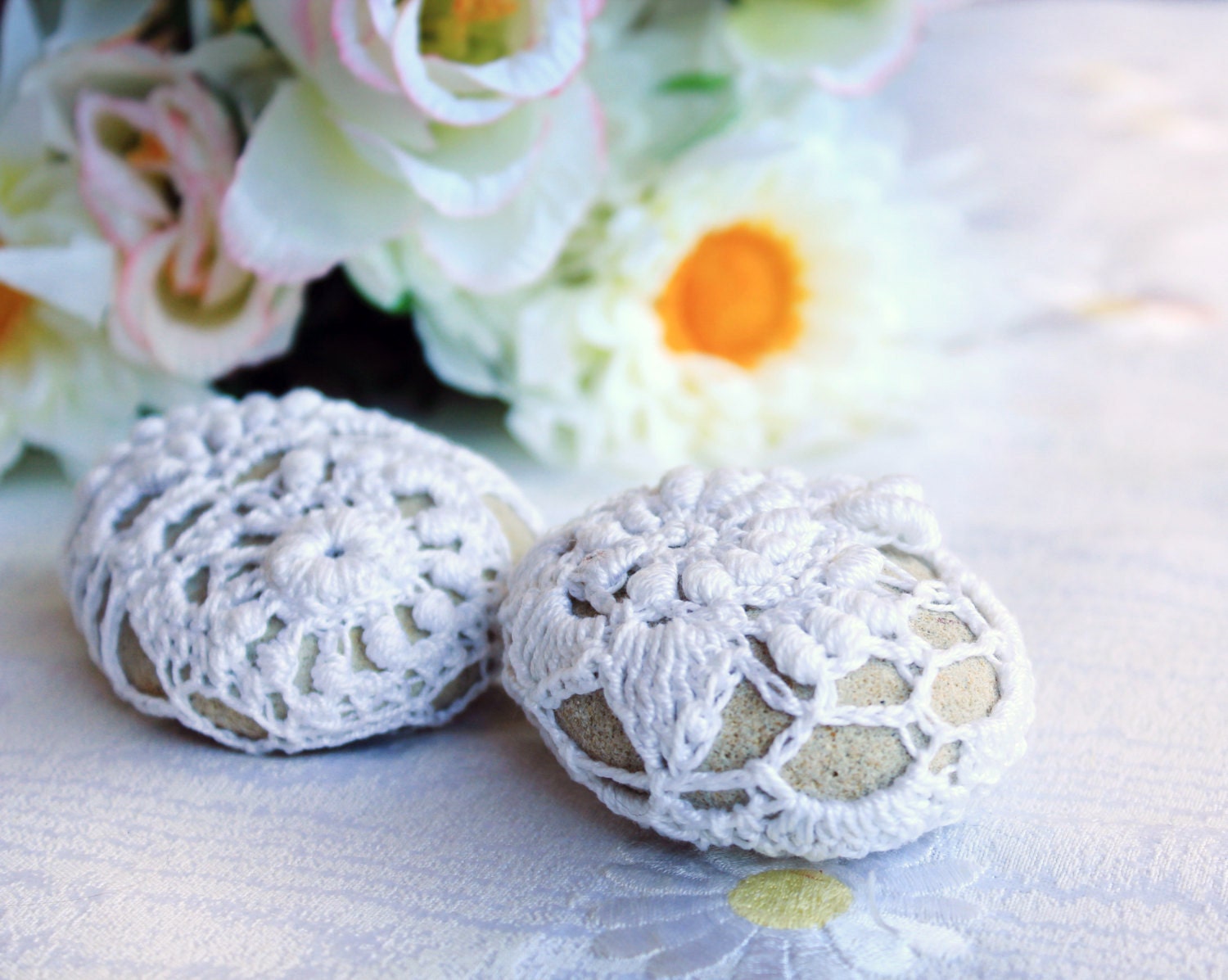 Two Crochet Free Form Lace Sea Stones OOAK Wedding Dcoration, Party Decoration, Home Decor, Table Decor, Rustic Wedding - MKrisArt