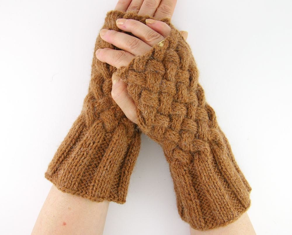 cable knit fingerless gloves brown knit fingerless mittens wrists warmers peanut butter brown fall fashion hand warmers teamt tagt team