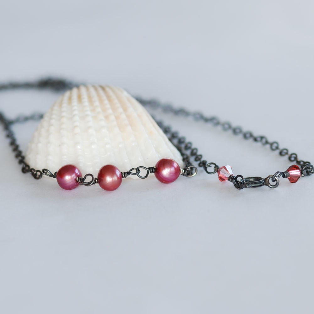 Freshwater Pearl Necklace Wire Wrapped Oxidized Sterling Silver Jewelry Dark Pink Freshwater Pearls Swarovski Crystals Vintage Style Jewelry