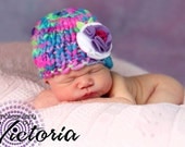 Merino Wool Yarn Knit Beanie, Hat, Cap with Removable Flower - Newborn - Photography Prop