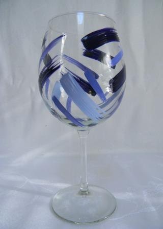 Wine glass hand painted with blue stripes