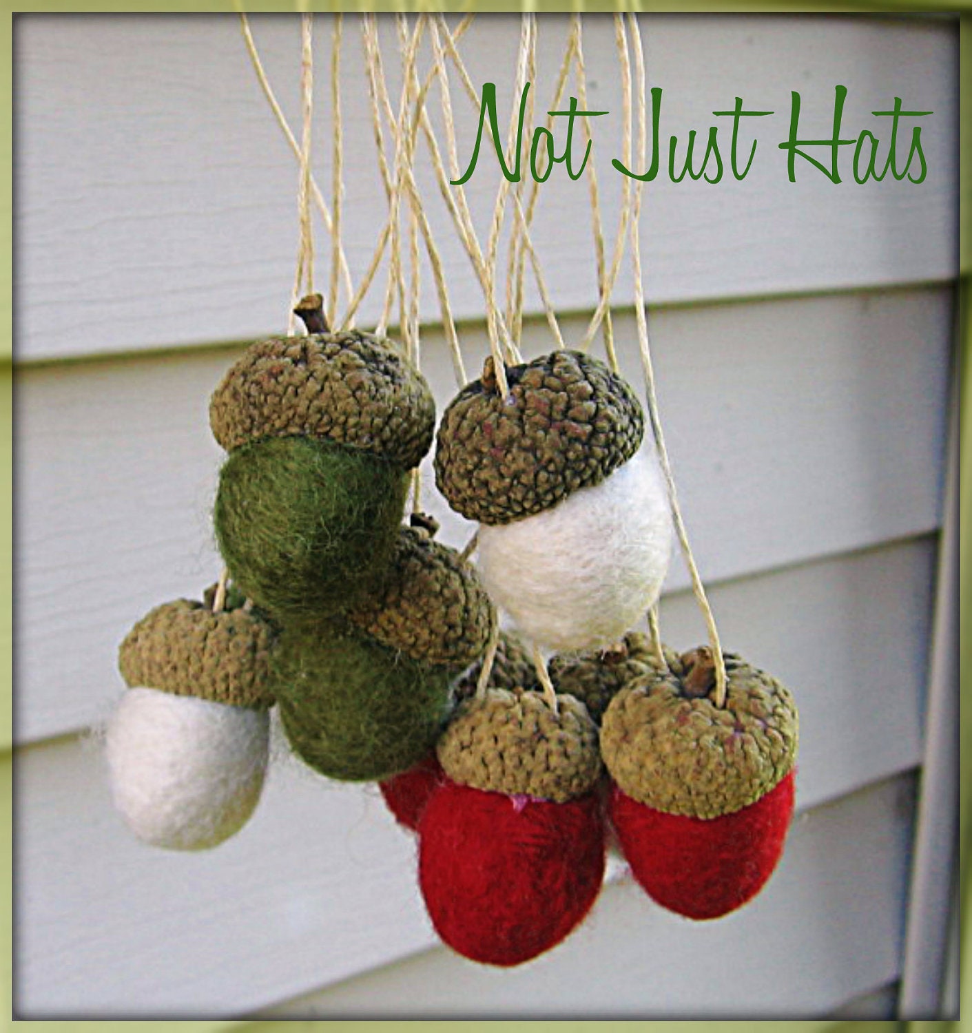 Christmas Ornaments white red green felted acorns set of 9