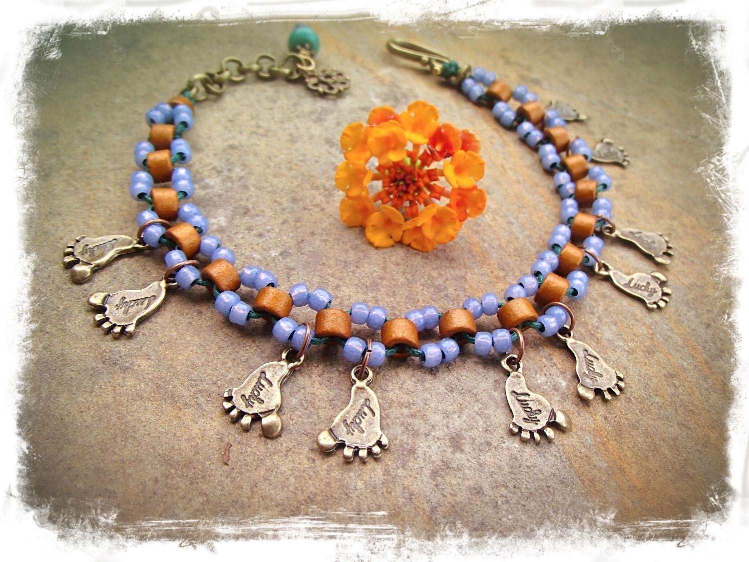 LUCKY FEET ANKLE Bracelet beaded Anklet Tribal Boho jewelry Brass Lilac stackable anklet foot jewelry Hippie bare feet