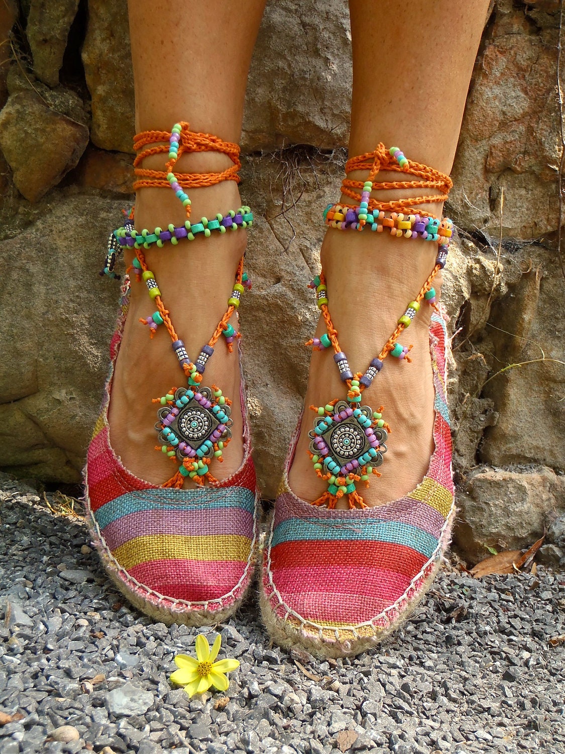 GYPSY summer BAREFOOT SANDALS sole less sandals beach wedding rainbow dance jewelry slave anklet foot jewelry bohemian shoes unique
